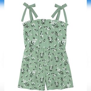 Trend Blossoms Girl's Floral Ruffle Bow-Strap Romper Green Size 14 NIP